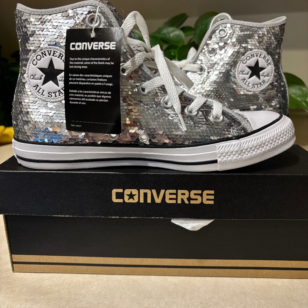 Converse All Stars Silver Sequin High Tops Size 8